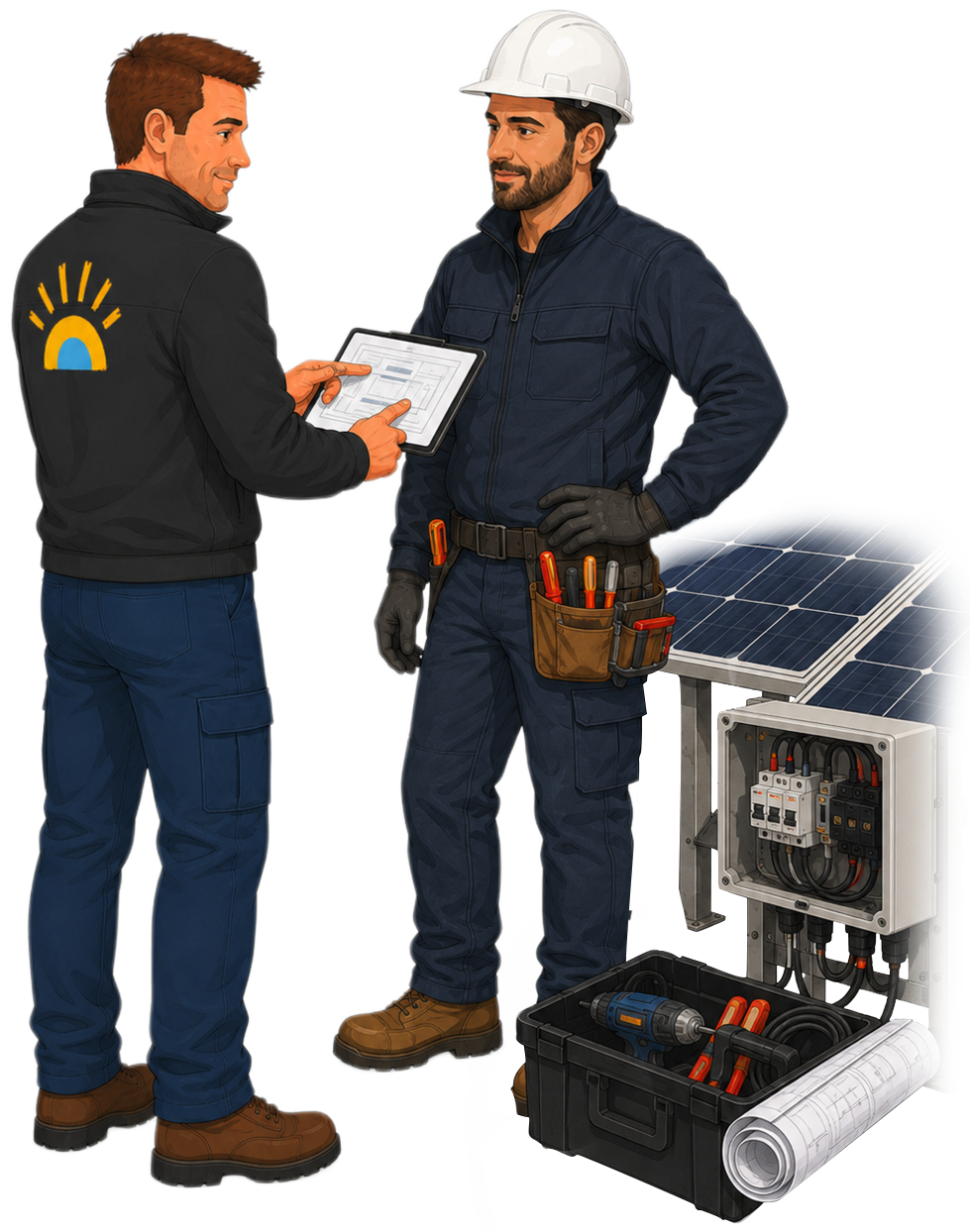Technicien Solar-Repair et installateur partenaire devant une installation photovoltaïque