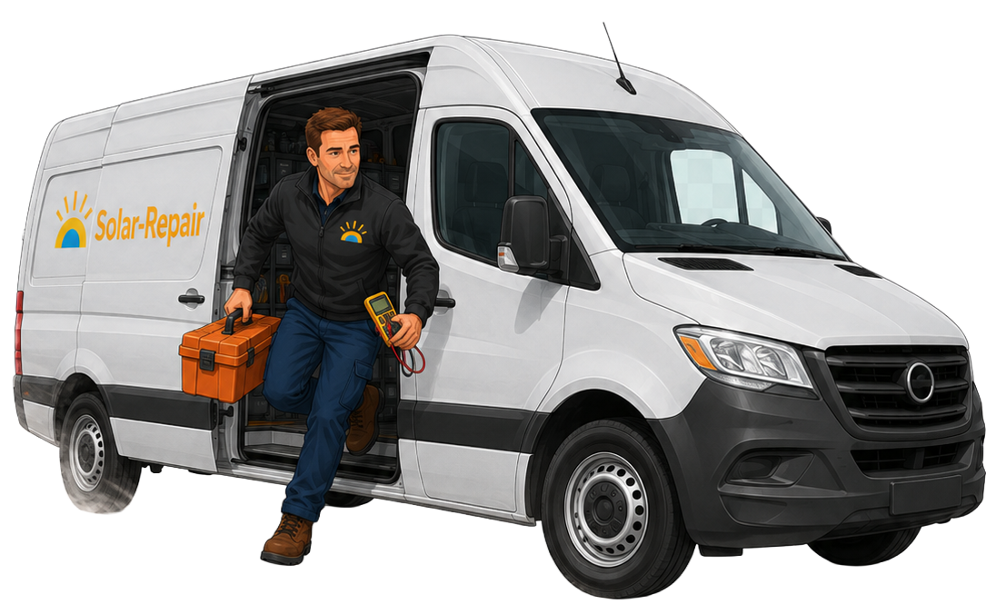 Technicien Solar-Repair sortant de sa camionnette avec sa caisse à outils pour un dépannage rapide