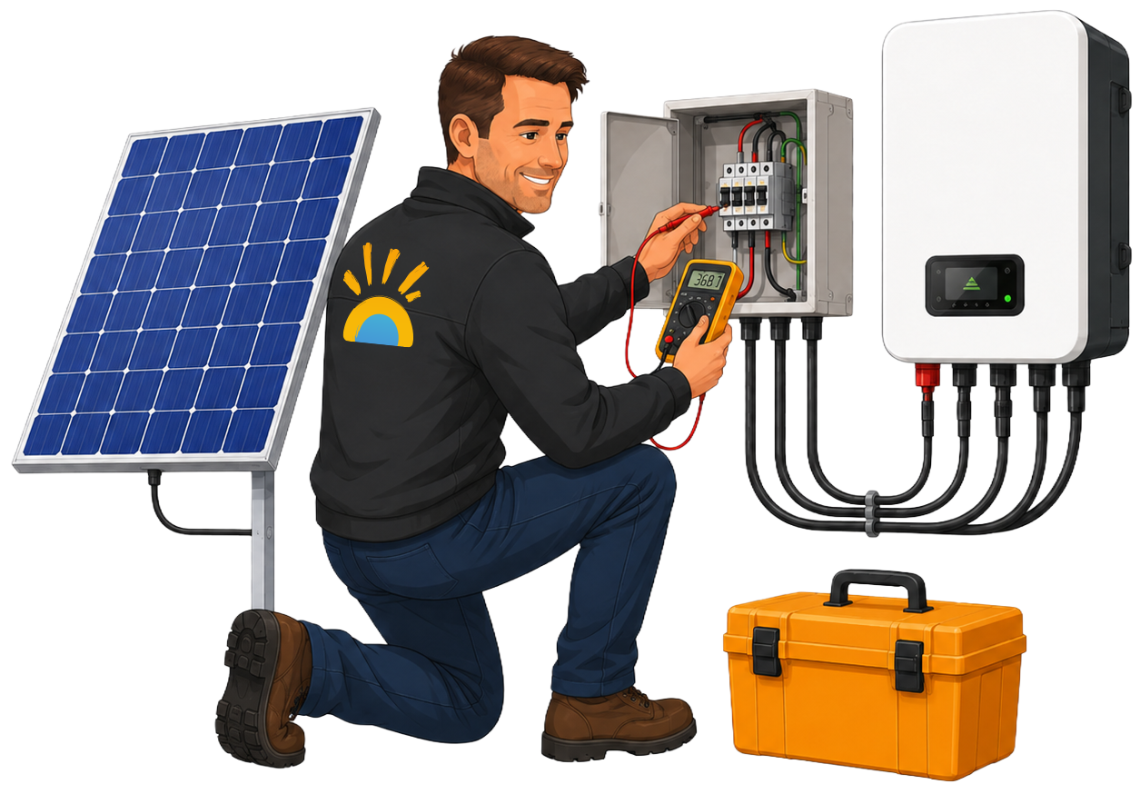 Technicien Solar-Repair diagnostiquant un onduleur photovoltaïque au multimètre près d'un panneau solaire