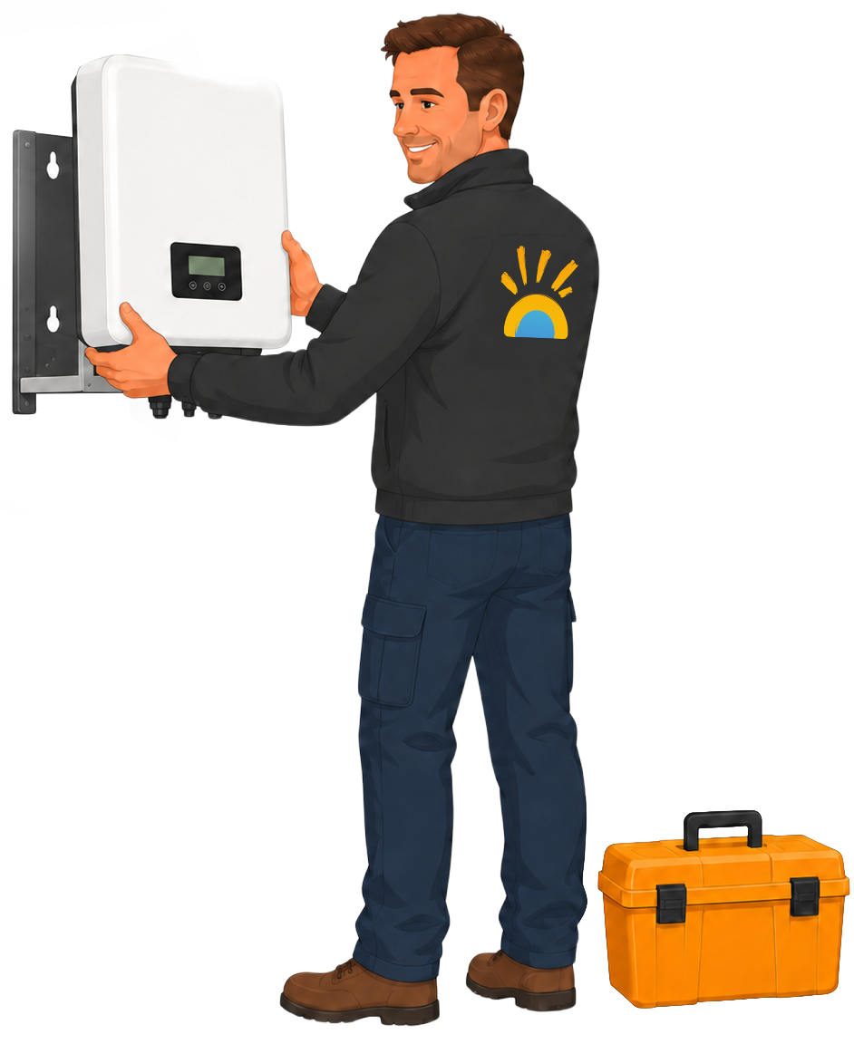Technicien Solar-Repair posant un onduleur photovoltaïque mural en remplacement