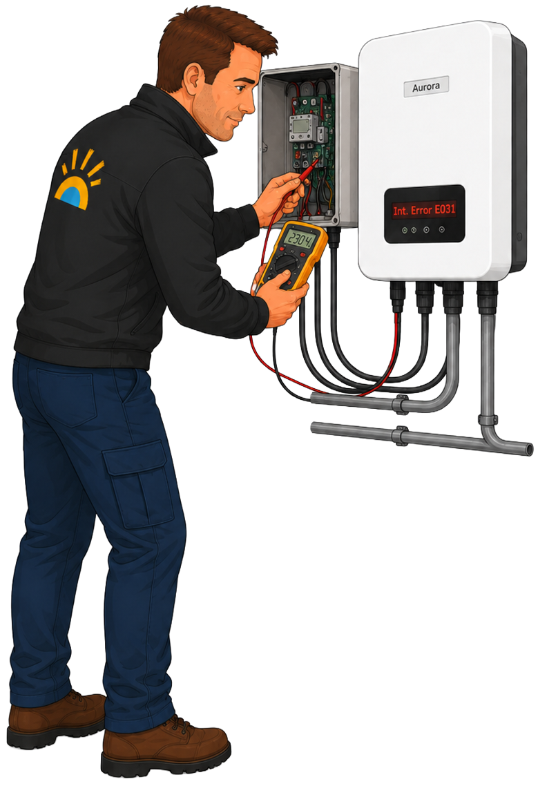 Technicien Solar-Repair diagnostiquant au multimètre un onduleur Power-One Aurora en erreur E031