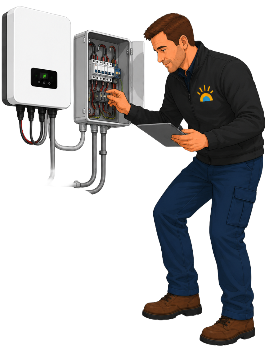 Technicien Solar-Repair contrôlant un onduleur photovoltaïque sur une installation existante, tablette en main