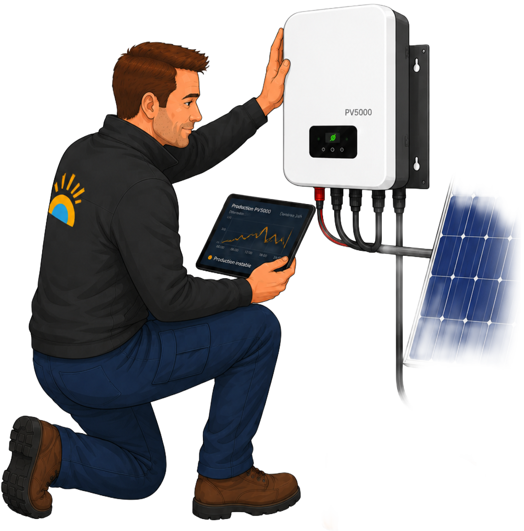 Technicien Solar-Repair vérifiant la production d'un onduleur Aurora PVI-5000 sur tablette