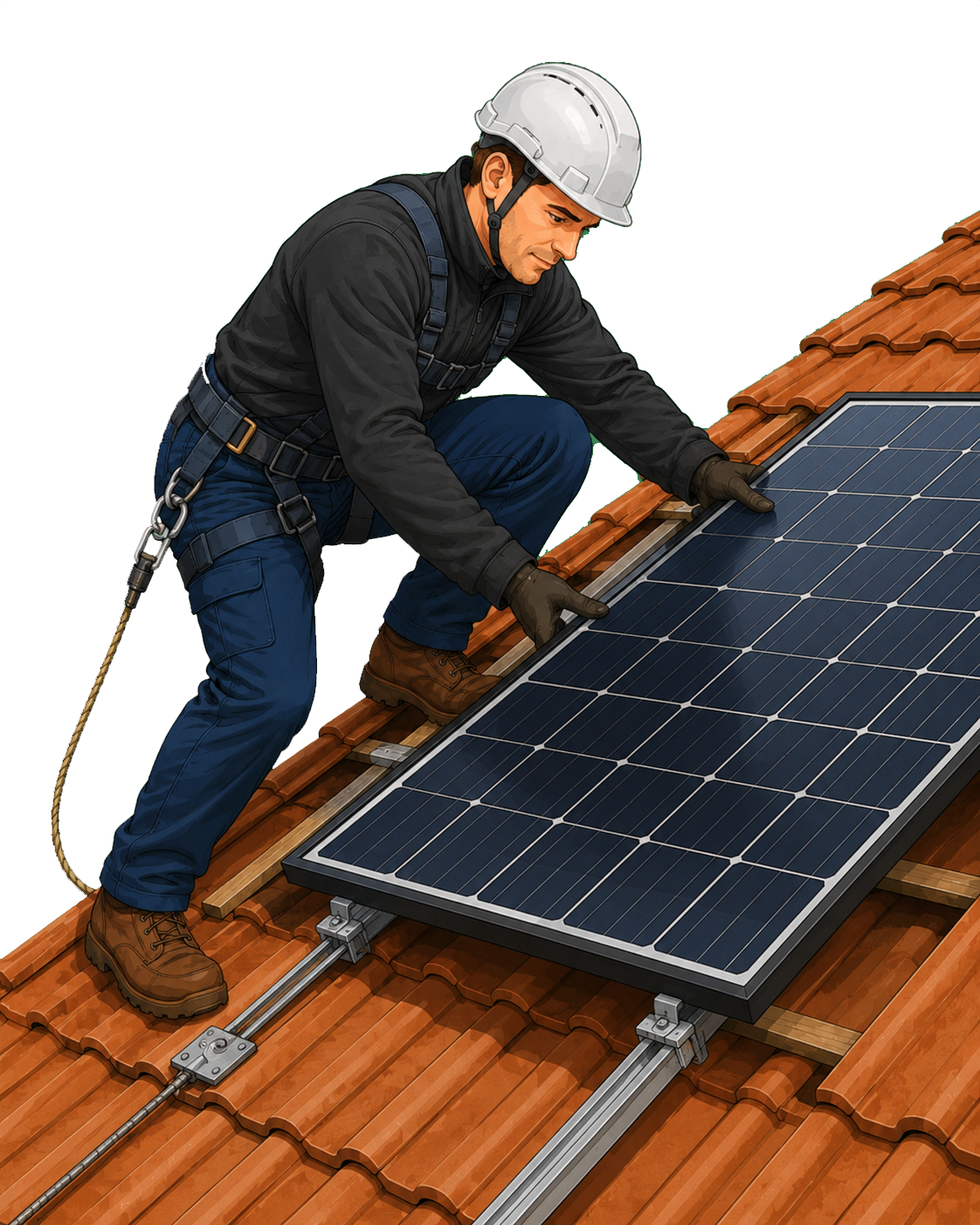 Ouvrier harnaché posant un panneau photovoltaïque sur une toiture en tuiles